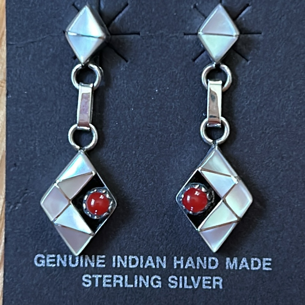 Sterling Silver Mother of Pearl and Coral Earrings, Genuine Indian Hand Made